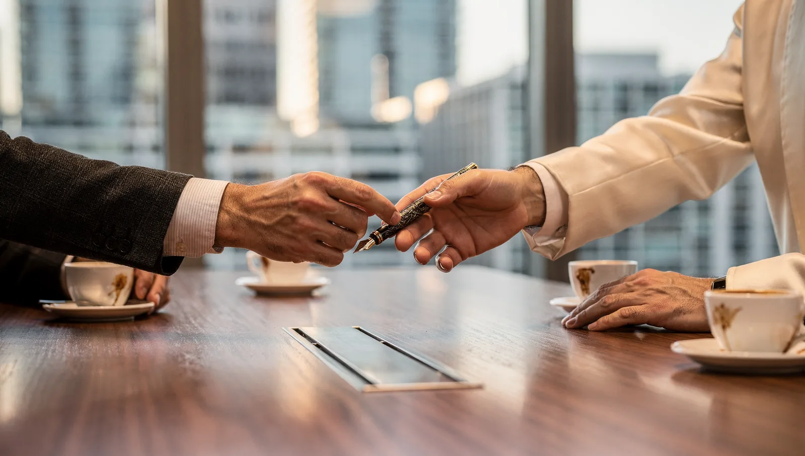 Business partners passing a fountain pen across a conference table in a modern corner office with city views.