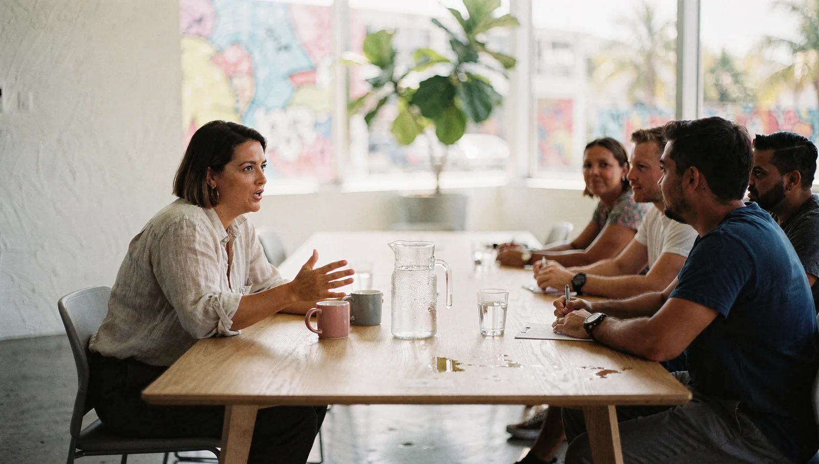 A woman gesturing during a meeting with colleagues around an oak conference table in a sunlit creative agency room.