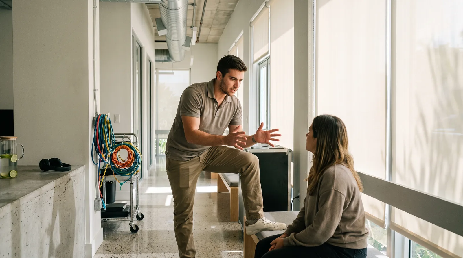 A man gesturing with both hands while explaining a site layout to a seated colleague in a sunlit modern studio.