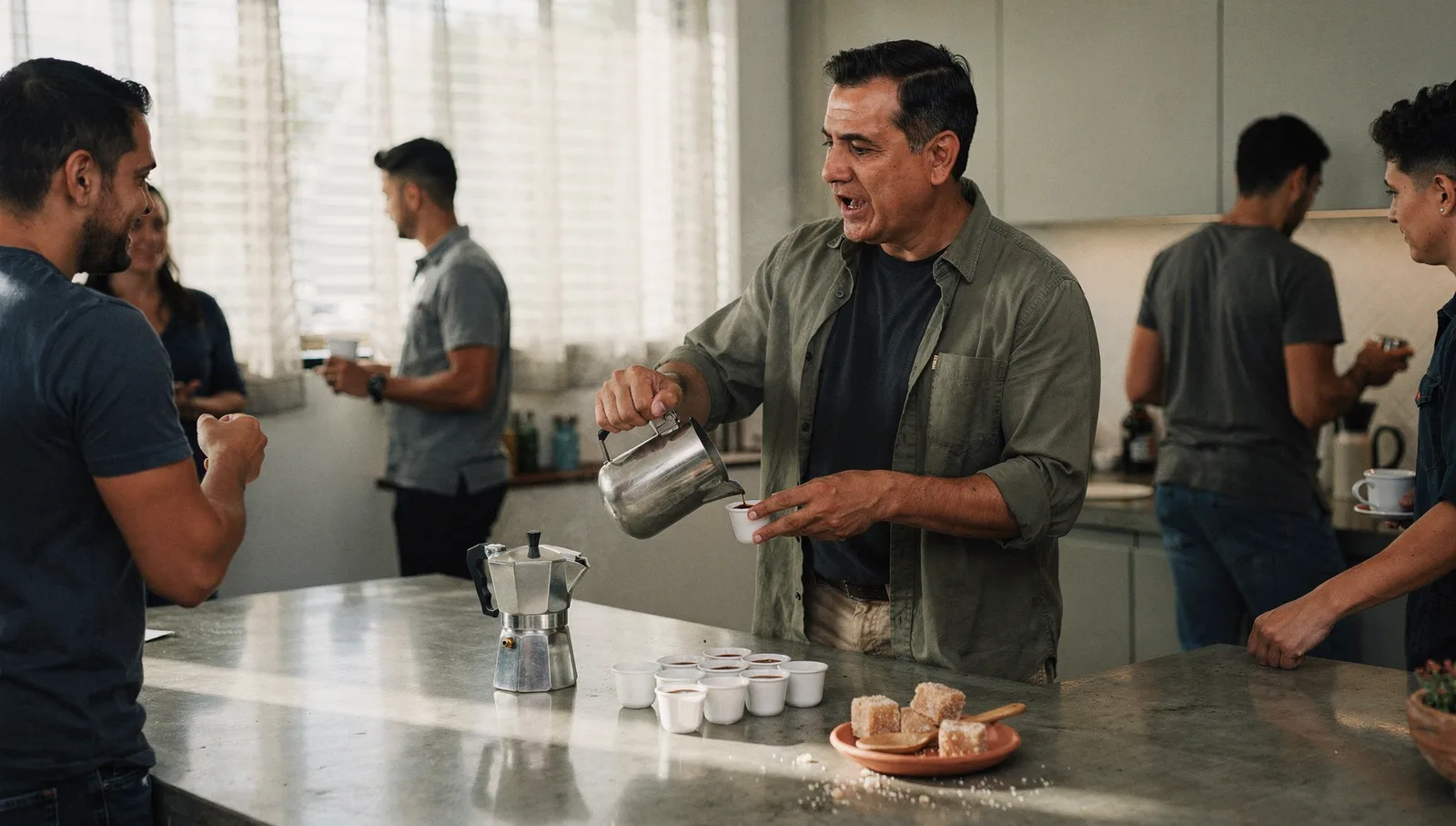 A man pours Cuban coffee from a moka pot into small cups on an office counter in bright morning light.