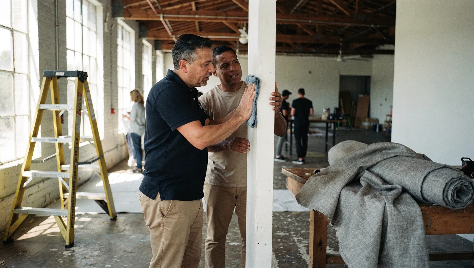 A man in a polo shirt wipes a painted studio wall with a cloth while talking to a colleague beside a stepladder.