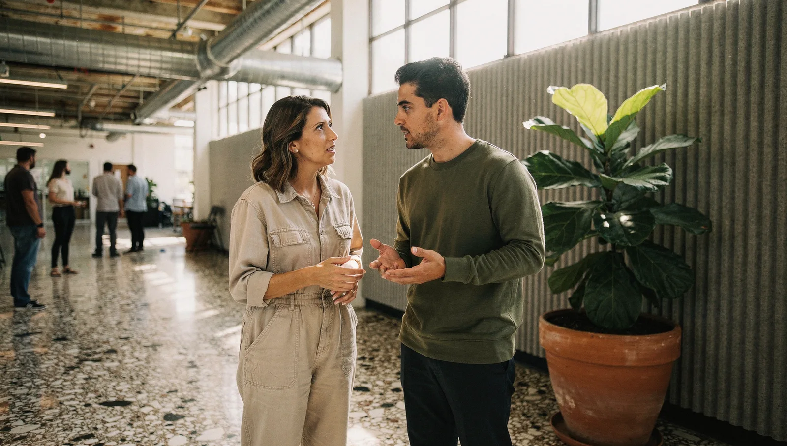 Two colleagues walk and talk intently down a modern, sunlit office hallway with plants and exposed ductwork.