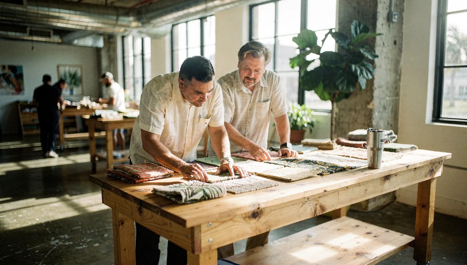Two people examine woven fabric swatches on a pine workbench in a sunlit industrial workshop in Downtown Miami.