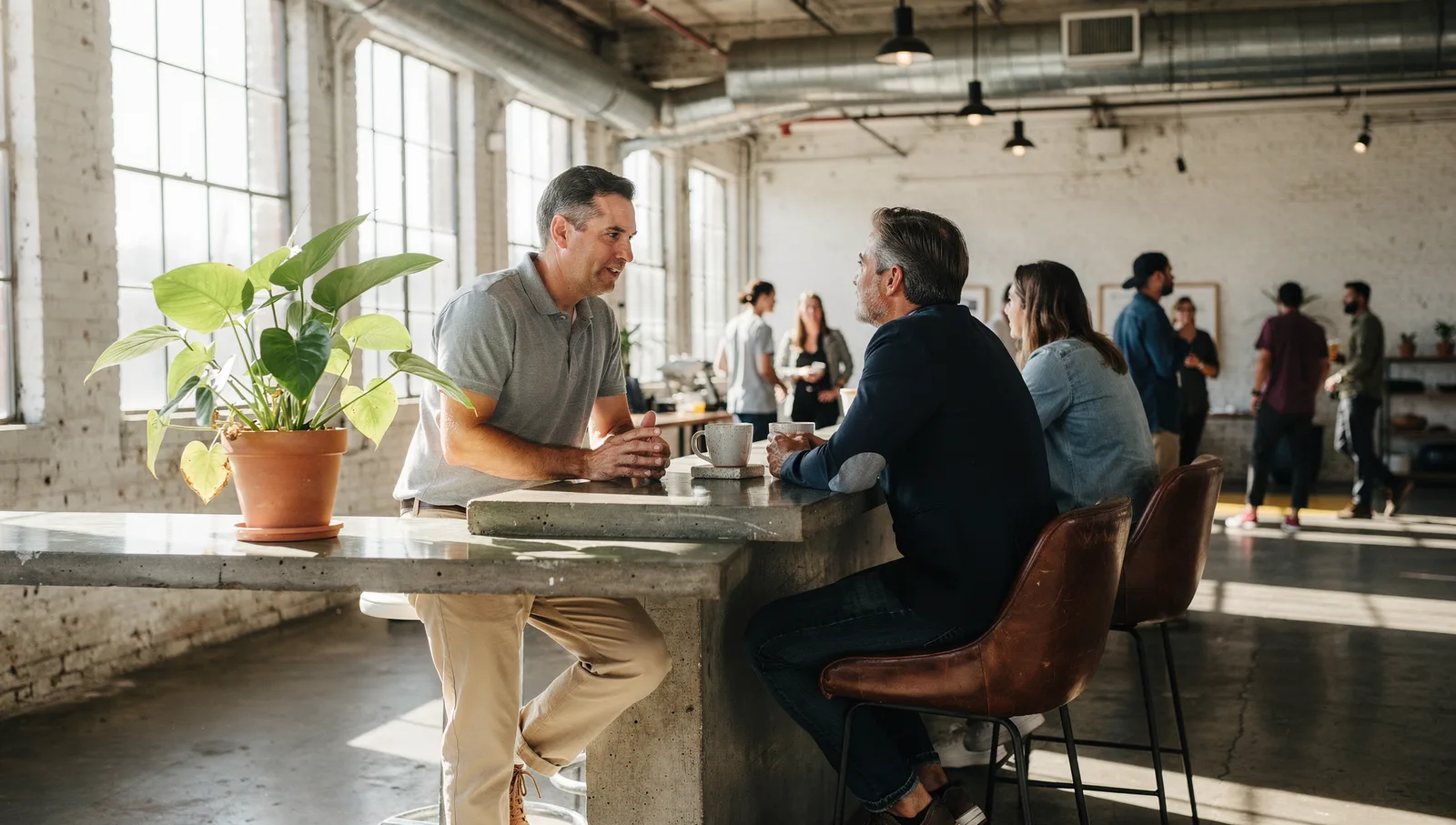 Two professionals talking by a concrete kitchen island in a sunlit, industrial-style Miami warehouse office.