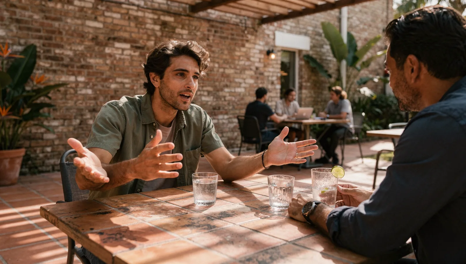 Two men having an animated discussion across an outdoor patio table in a sunlit courtyard.