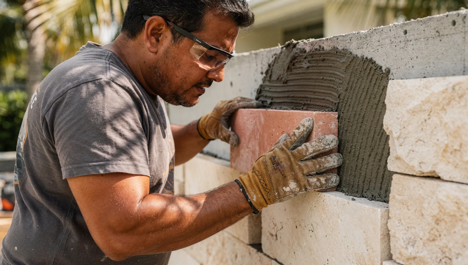 A stonemason presses a coral stone tile into wet mortar on an outdoor patio wall during residential construction.