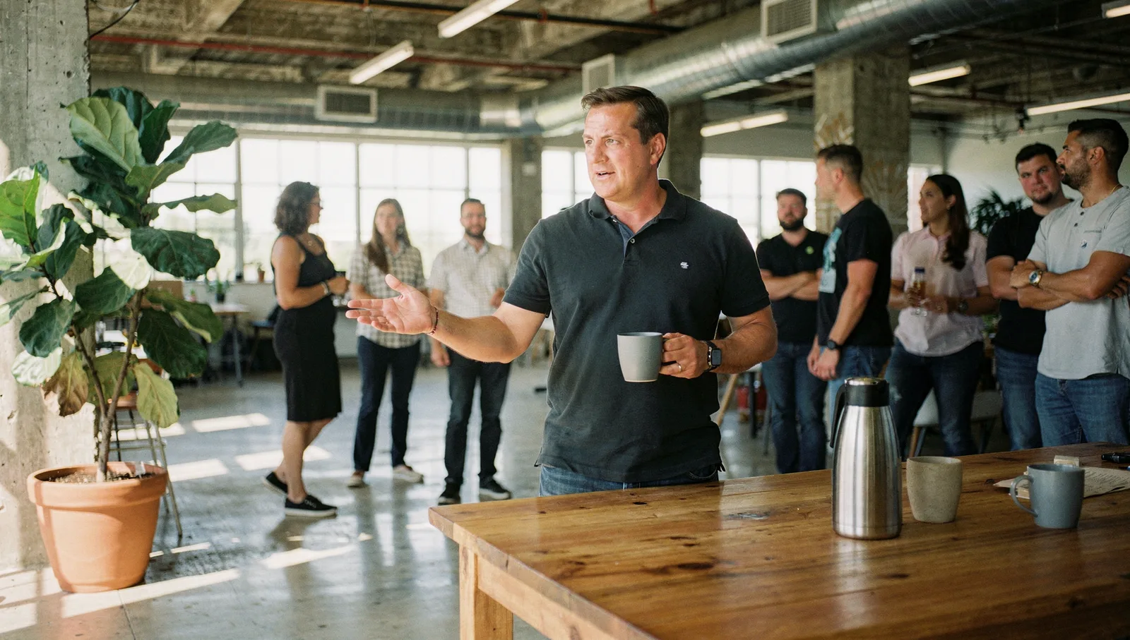 A man gesturing during a meeting in a sunlit industrial office with exposed ductwork and polished concrete floors.