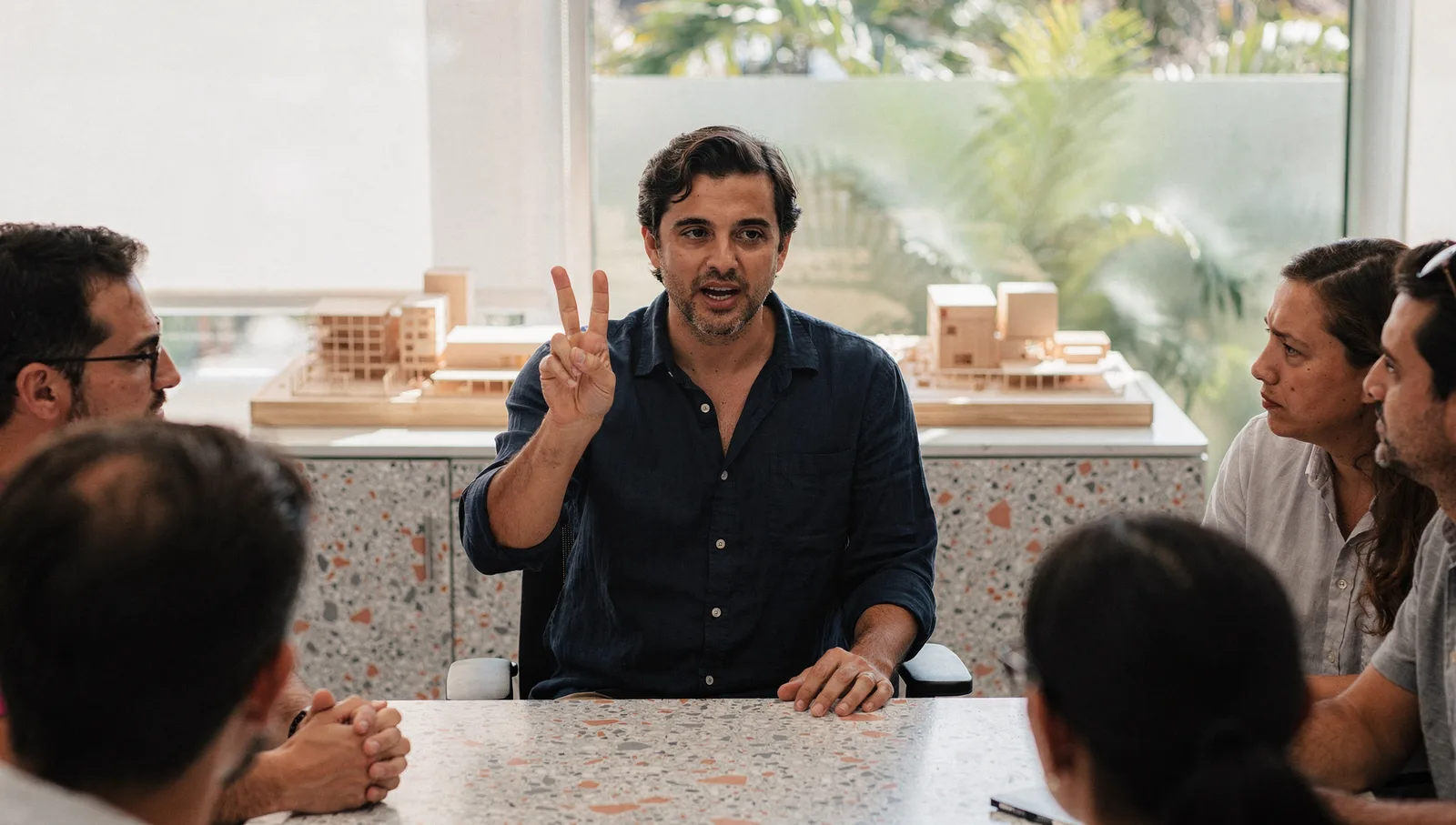 A man in a navy shirt counts on four fingers during a team review in a sunlit modern agency conference room.