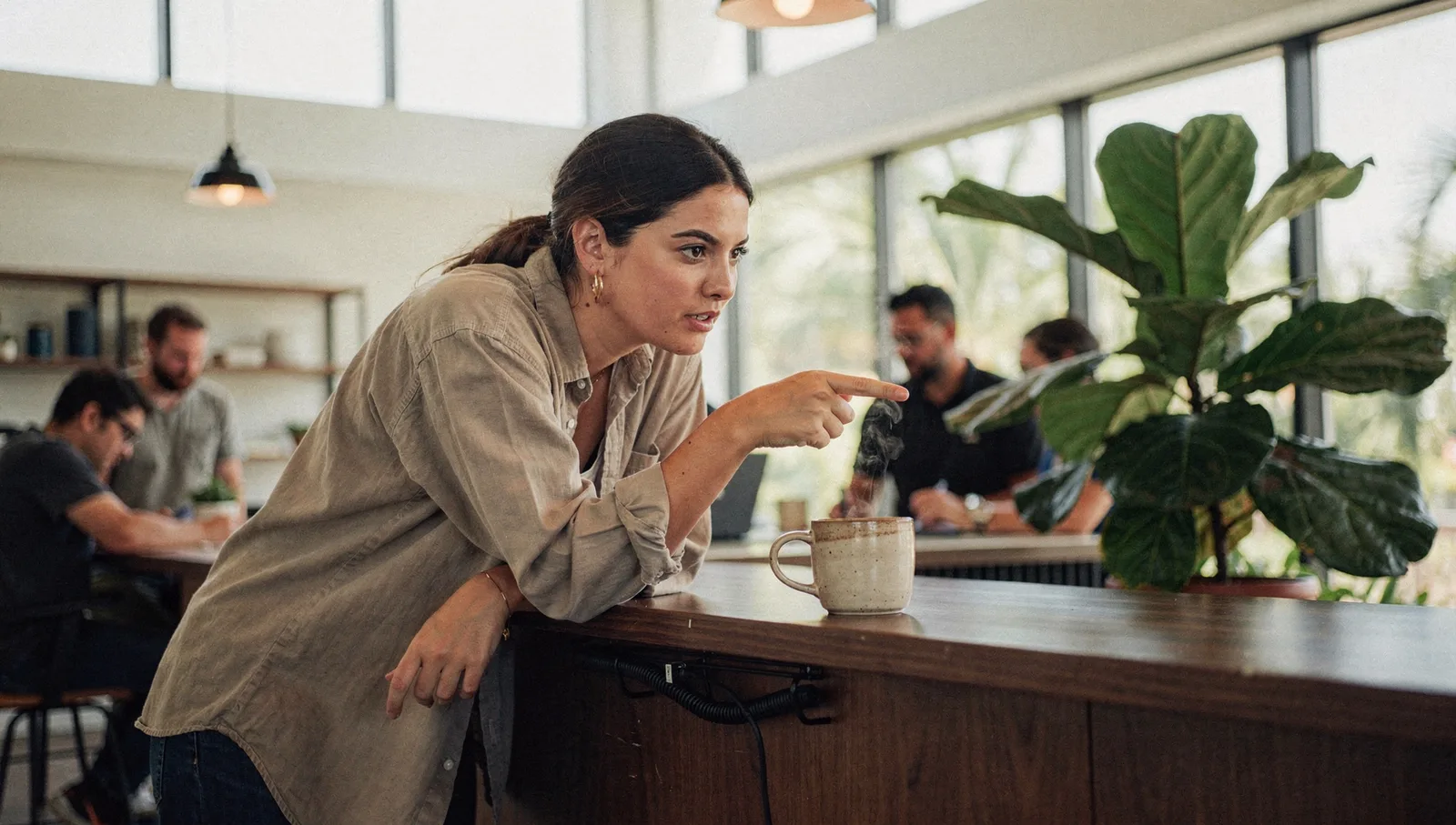 Woman in an oversized shirt leaning over a wooden counter in a sunlit breakroom, pointing and listening intently.