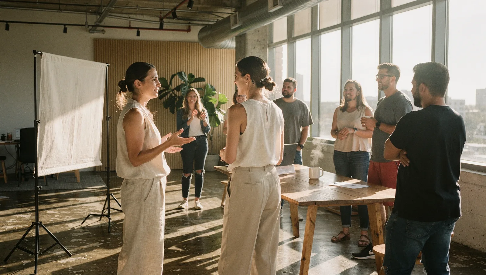 A marketing strategist gestures while speaking during a meeting in a bright, modern office with large windows.