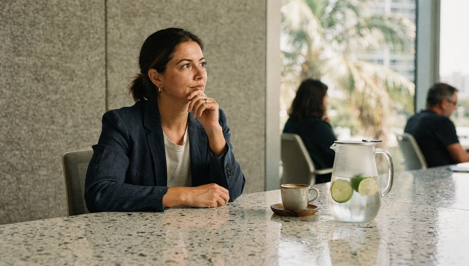 Woman resting her chin on her hand, listening attentively across a terrazzo conference table in an office.