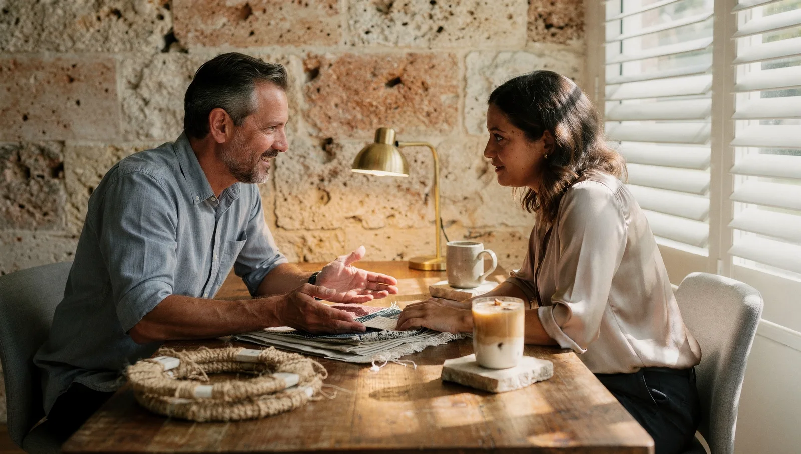 A marketing consultant and client review fabric samples across a wooden table in a Miami studio.
