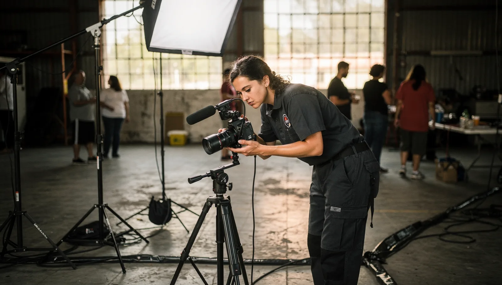 A media production specialist adjusts a camera lens and boom microphone in an industrial warehouse studio.