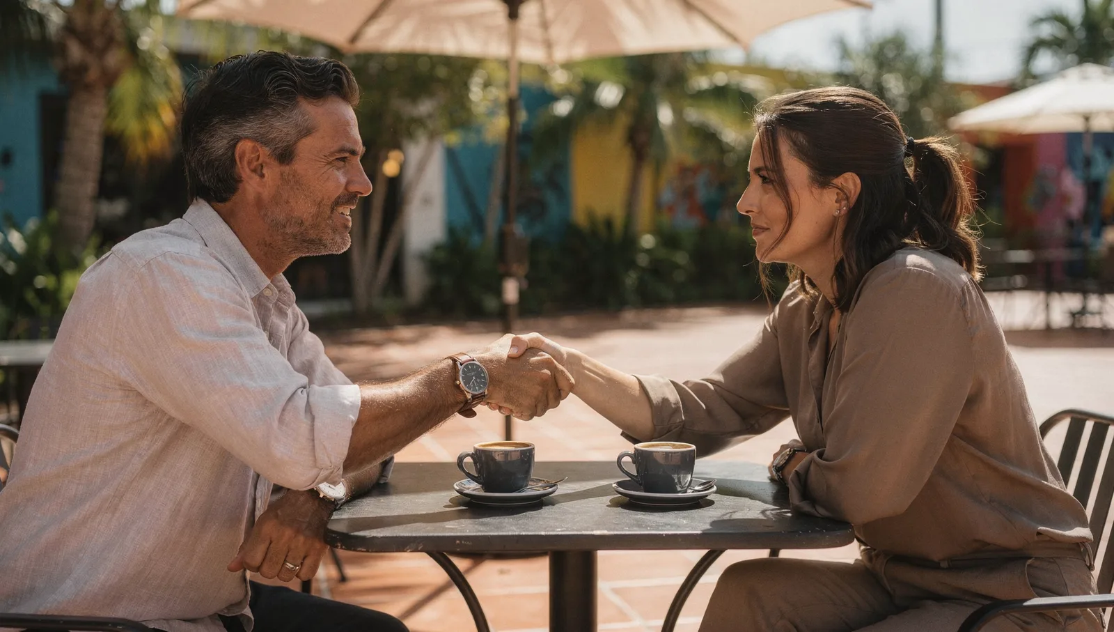 Man and woman shaking hands over an outdoor cafe table with espresso cups in sunny Miami.