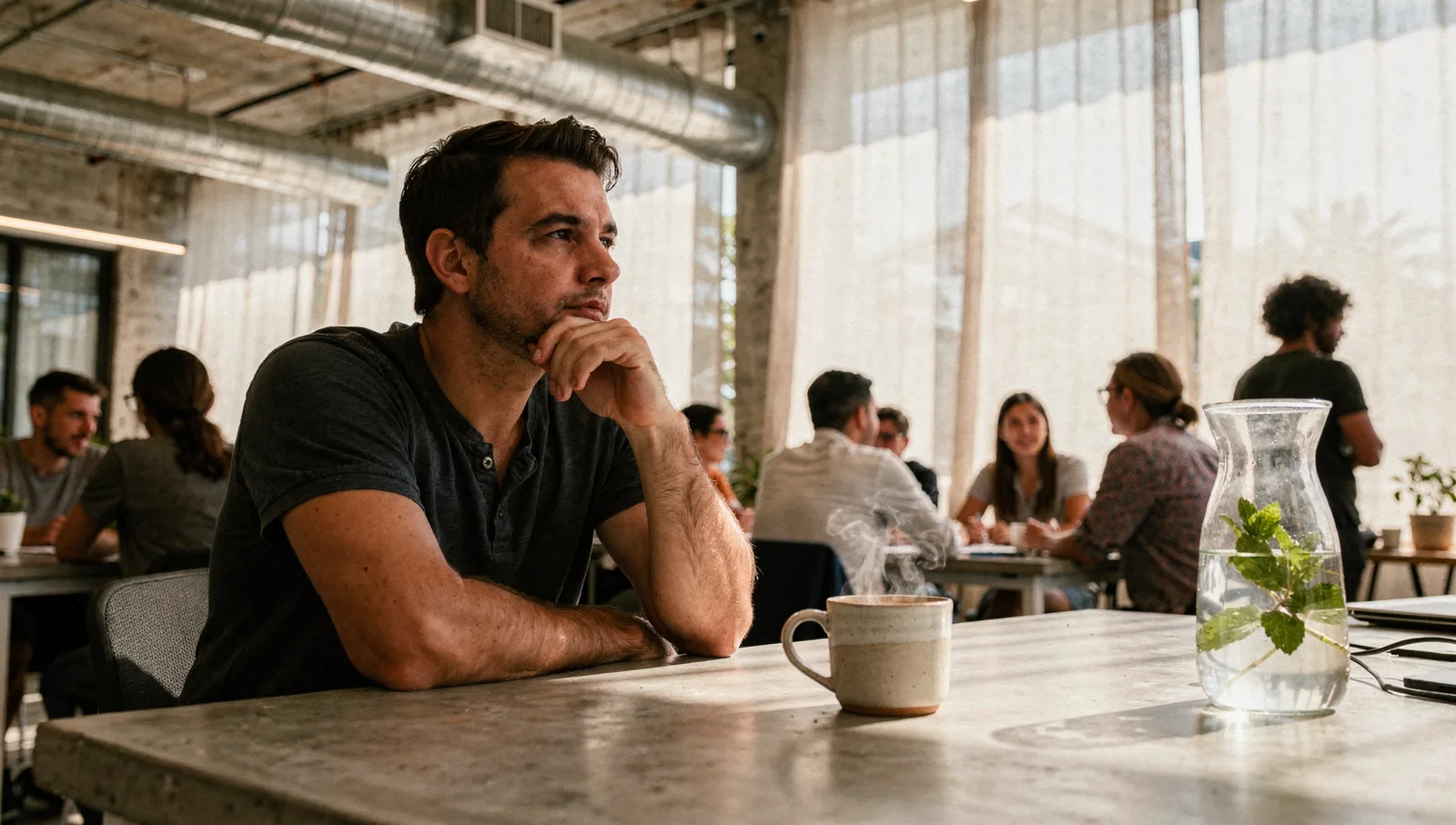A designer rests his chin on his hand at a concrete desk during a meeting in a sunlit Miami studio.