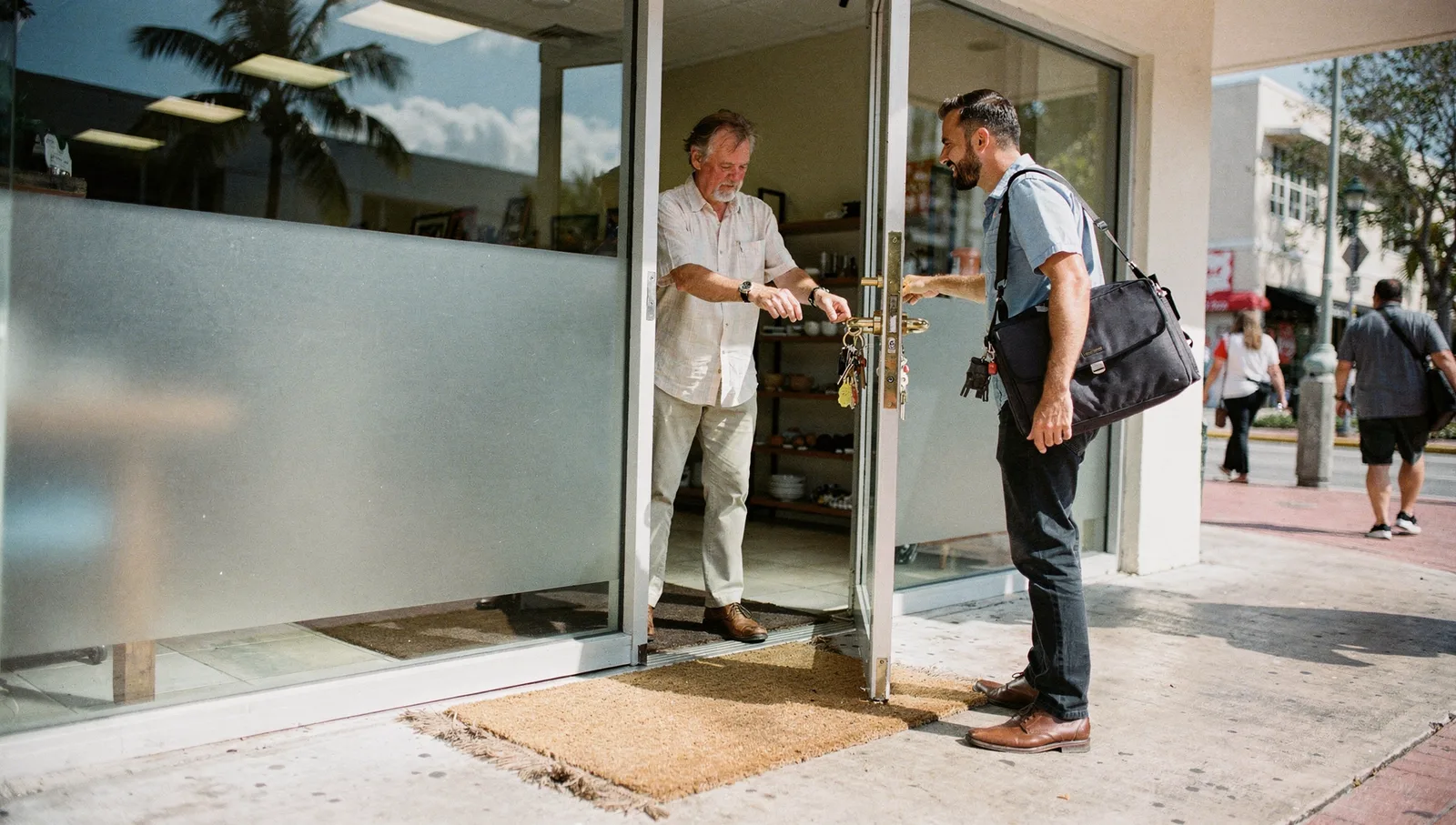 A shop manager unlocks a glass storefront door from inside to greet a visitor standing on the threshold outside.